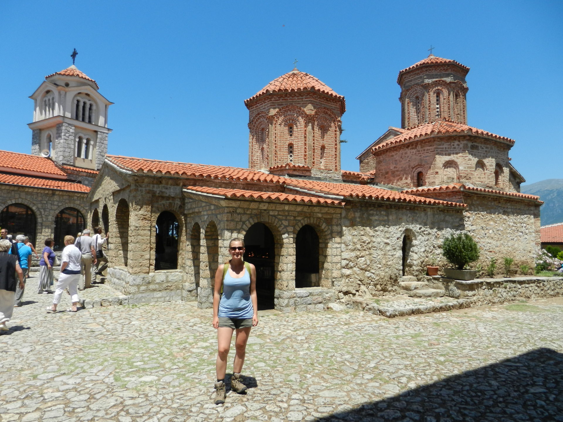 Ashleigh infront of St. Naum Monastery in Ohrid, Macedonia